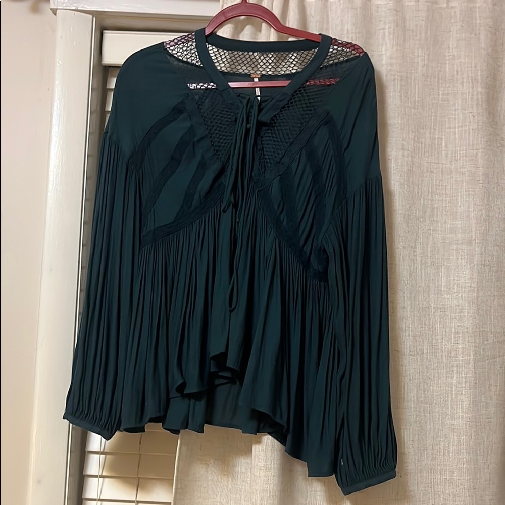 Free People Green Pleated Long Sleeve Blouse